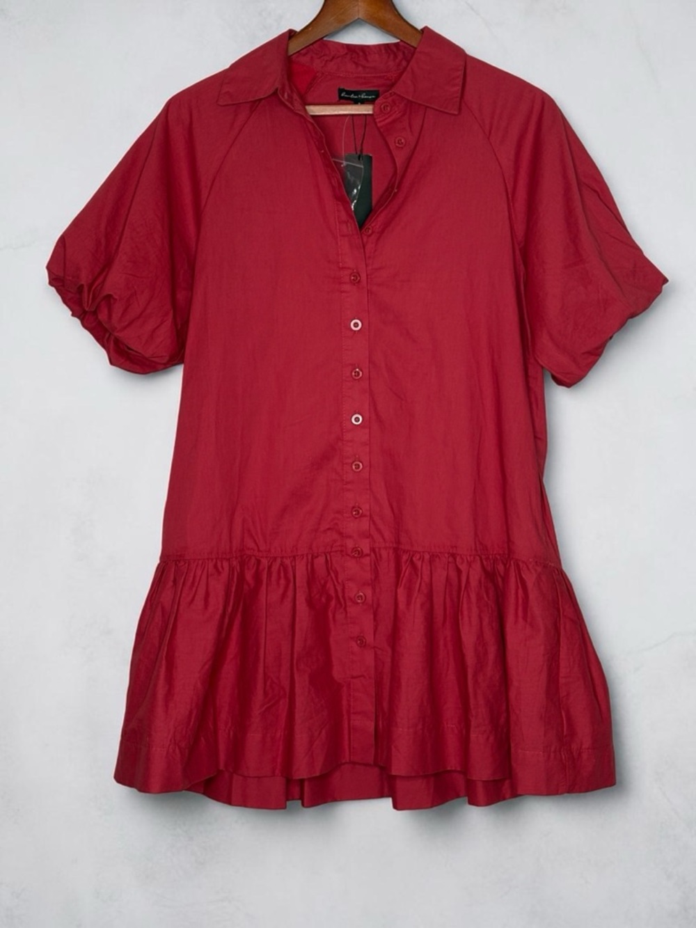 NWT Hunter & Brown Red Cotton Poplin Puff Sleeve Mini Dress Button Front • S
